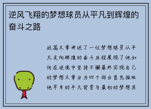 逆风飞翔的梦想球员从平凡到辉煌的奋斗之路